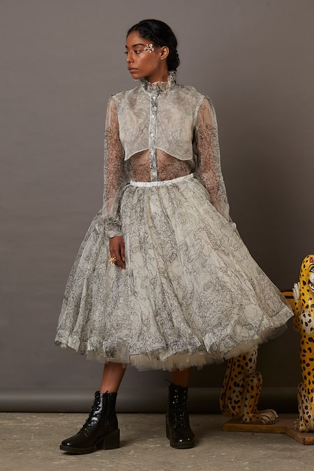 Shop_Quod_White Tulle, Organza Multi Face Skirt _Online_at_Aza_Fashions