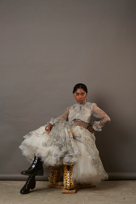 Buy_Quod_White Tulle, Organza Multi Face Skirt 