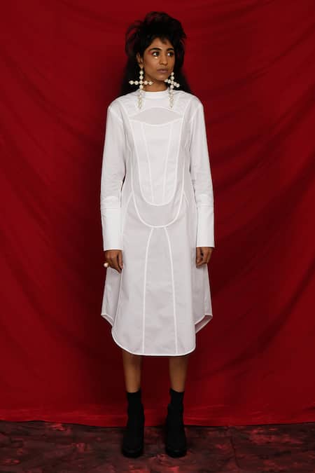 Quod_White Cotton Mandarin Collar Chapel Shirt Dress _Online_at_Aza_Fashions