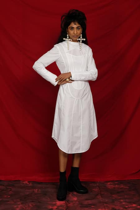 Shop_Quod_White Cotton Mandarin Collar Chapel Shirt Dress _Online_at_Aza_Fashions
