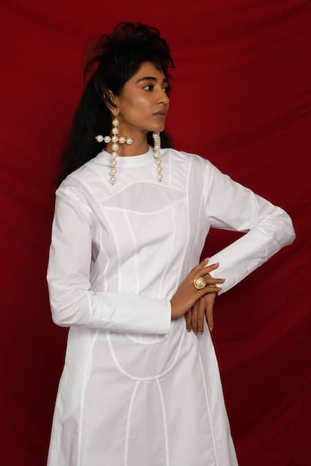 Quod_White Cotton Mandarin Collar Chapel Shirt Dress _at_Aza_Fashions
