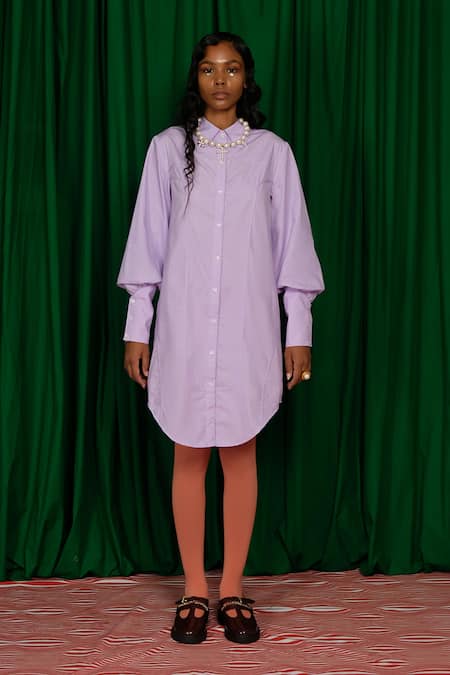 Quod_Lilac Cotton Collared, Button-down Neck Bloom Shirt Dress _Online_at_Aza_Fashions