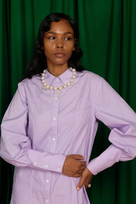 Buy_Quod_Lilac Cotton Collared, Button-down Neck Bloom Shirt Dress _Online_at_Aza_Fashions