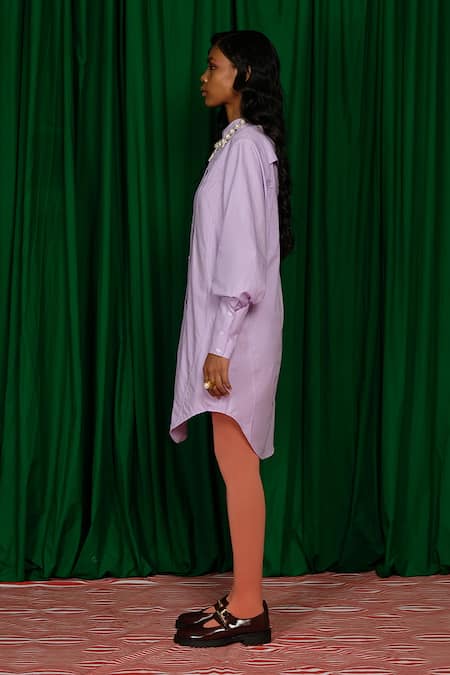 Shop_Quod_Lilac Cotton Collared, Button-down Neck Bloom Shirt Dress _Online_at_Aza_Fashions