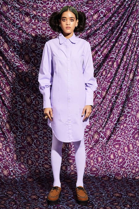 Buy_Quod_Lilac Cotton Collared, Button-down Neck Bloom Shirt Dress 