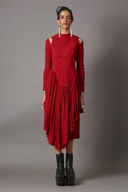 Buy_Quod_Red Viscose High Neck Scarlet Draped Dress _Online_at_Aza_Fashions