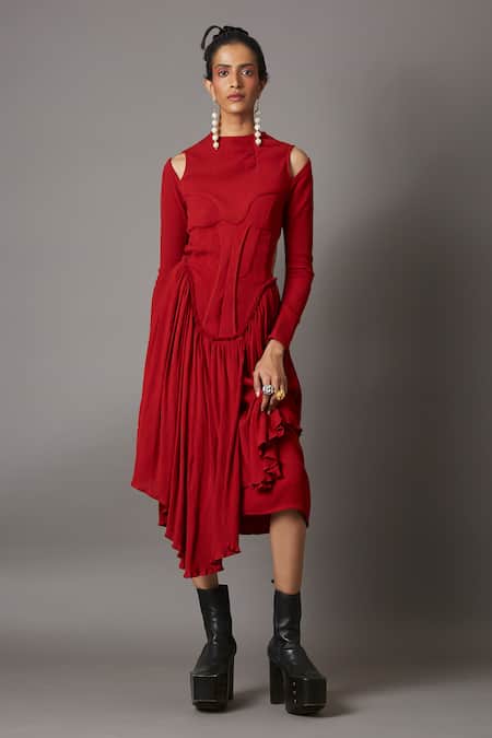 Shop_Quod_Red Viscose High Neck Scarlet Draped Dress _Online_at_Aza_Fashions