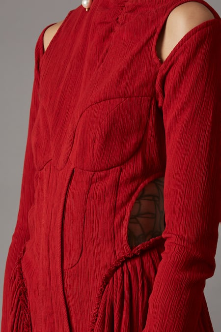 Buy_Quod_Red Viscose High Neck Scarlet Draped Dress 