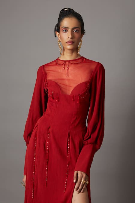 Quod_Red Viscose Beads High Neck Garland String Dress _Online_at_Aza_Fashions