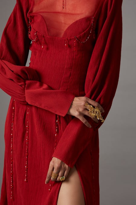 Quod_Red Viscose Beads High Neck Garland String Dress _at_Aza_Fashions