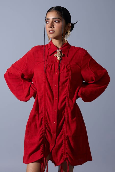 Quod_Red Cotton, Linen Embroidery Collared, Button-down Trip The Status Shirt Dress _Online_at_Aza_Fashions