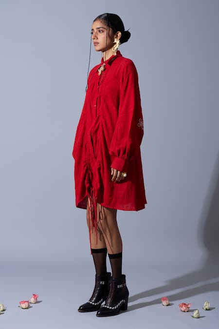 Buy_Quod_Red Cotton, Linen Embroidery Collared, Button-down Trip The Status Shirt Dress _Online_at_Aza_Fashions