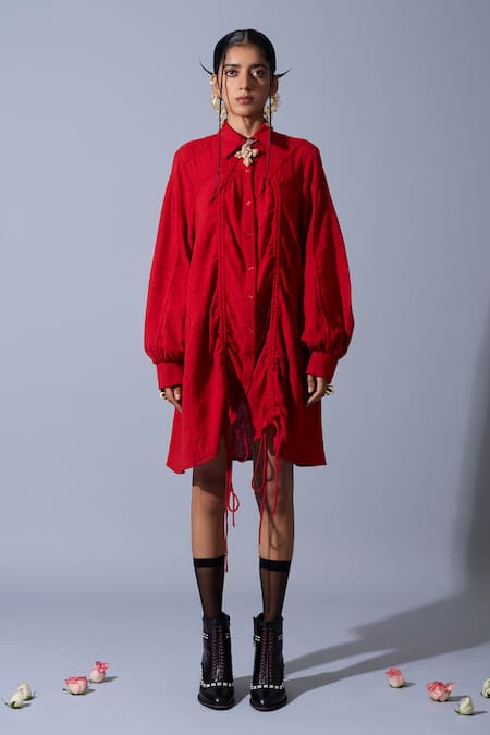 Quod_Red Cotton, Linen Embroidery Collared, Button-down Trip The Status Shirt Dress _at_Aza_Fashions
