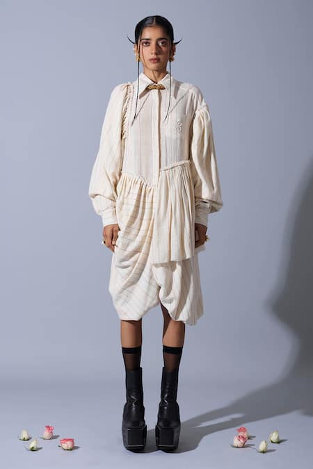 Quod_Off White Handloom Cotton, Linen Embroidery Collared Wolf Wing Sleeve Dress _Online_at_Aza_Fashions