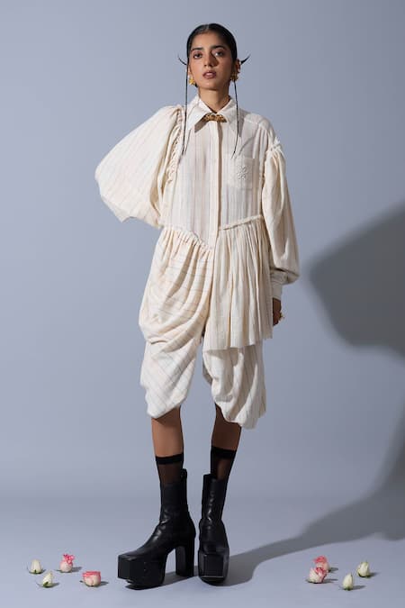 Buy_Quod_Off White Handloom Cotton, Linen Embroidery Collared Wolf Wing Sleeve Dress _Online_at_Aza_Fashions