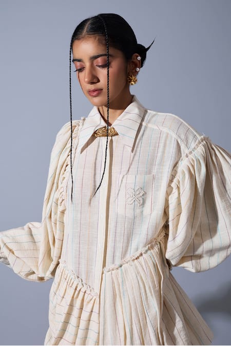 Shop_Quod_Off White Handloom Cotton, Linen Embroidery Collared Wolf Wing Sleeve Dress _Online_at_Aza_Fashions