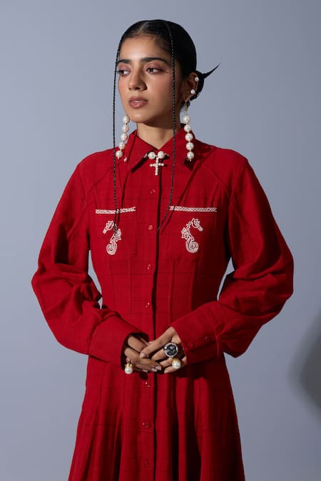 Quod_Red Cotton, Linen Embroidery Collared, Button-down Neck Horses Of Love Dress _Online_at_Aza_Fashions