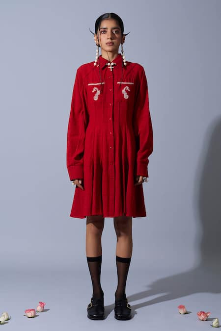 Shop_Quod_Red Cotton, Linen Embroidery Collared, Button-down Neck Horses Of Love Dress _Online_at_Aza_Fashions