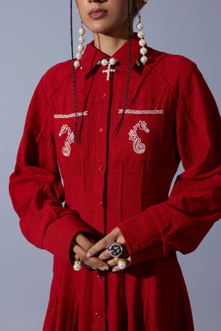 Quod_Red Cotton, Linen Embroidery Collared, Button-down Neck Horses Of Love Dress _at_Aza_Fashions
