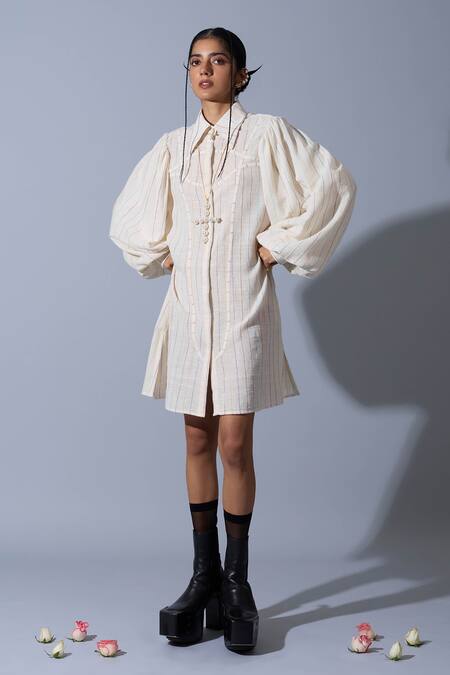 Quod Off White Cotton, Linen Collared, Button-down Neck Ruff Tape Work Dress Online at Aza Fashions Quod_Off White Cotton, Linen Collared, Button-down Neck Ruff Tape Work Dress _Online_at_Aza_Fashions
