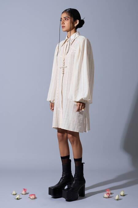 Buy Quod Off White Cotton, Linen Collared, Button-down Neck Ruff Tape Work Dress Online at Aza Fashions Buy_Quod_Off White Cotton, Linen Collared, Button-down Neck Ruff Tape Work Dress _Online_at_Aza_Fashions