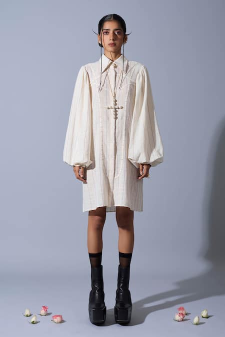 Shop Quod Off White Cotton, Linen Collared, Button-down Neck Ruff Tape Work Dress Online at Aza Fashions Shop_Quod_Off White Cotton, Linen Collared, Button-down Neck Ruff Tape Work Dress _Online_at_Aza_Fashions