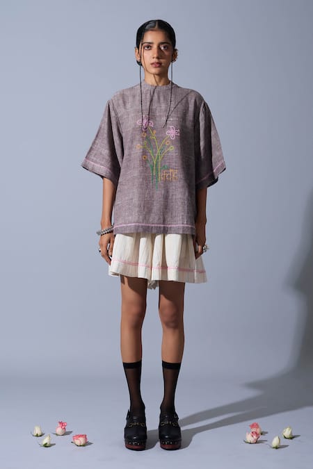 Buy_Quod_Brown Linen, Handloom Cotton Embroidery Round Neck Blooms T-shirt _Online_at_Aza_Fashions