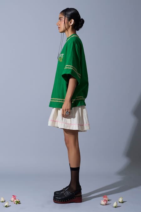 Quod_Off White Linen, Handloom Cotton Embroidery Curtain Handwoven Skorts _Online_at_Aza_Fashions