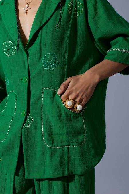 Quod_Green Linen, Cotton Embroidery V-neck, Collared Dice Hand Shirt _Online_at_Aza_Fashions