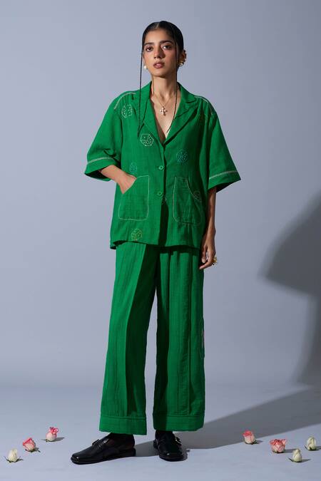 Buy_Quod_Green Linen, Cotton Embroidery V-neck, Collared Dice Hand Shirt _Online_at_Aza_Fashions