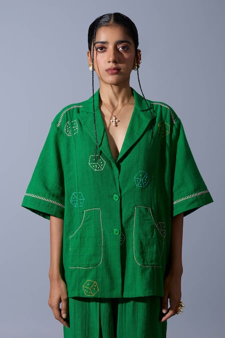 Quod_Green Linen, Cotton Embroidery V-neck, Collared Dice Hand Shirt _at_Aza_Fashions