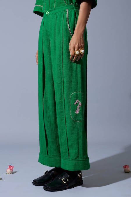 Shop_Quod_Green Linen Embroidery School Handwoven Pant _Online_at_Aza_Fashions