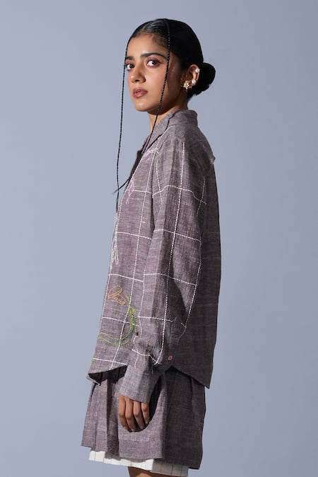 Buy_Quod_Brown Cotton, Linen Embroidery Collared Checkered Handwoven Shirt _Online_at_Aza_Fashions