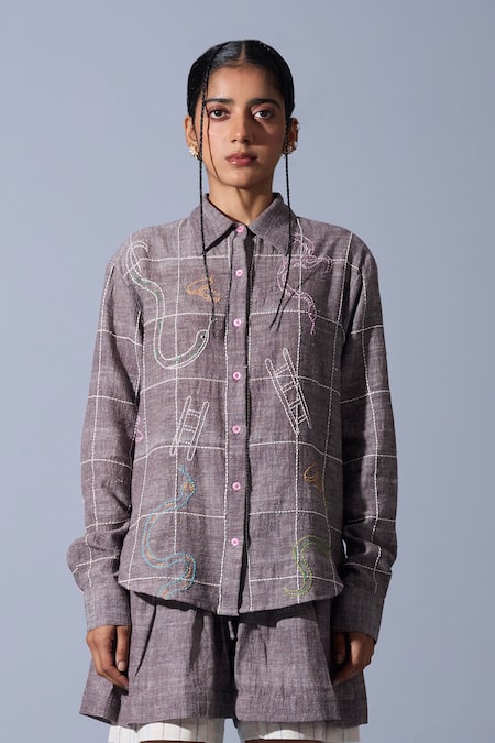 Quod_Brown Cotton, Linen Embroidery Collared Checkered Handwoven Shirt _at_Aza_Fashions