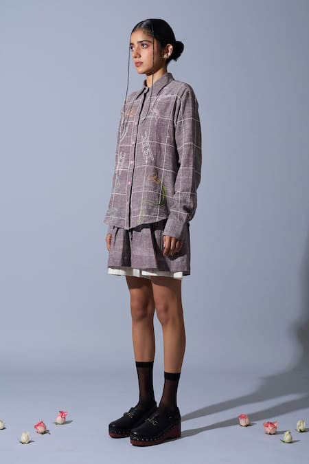 Buy_Quod_Brown Linen, Cotton Embroidery Layered Shorts _Online_at_Aza_Fashions