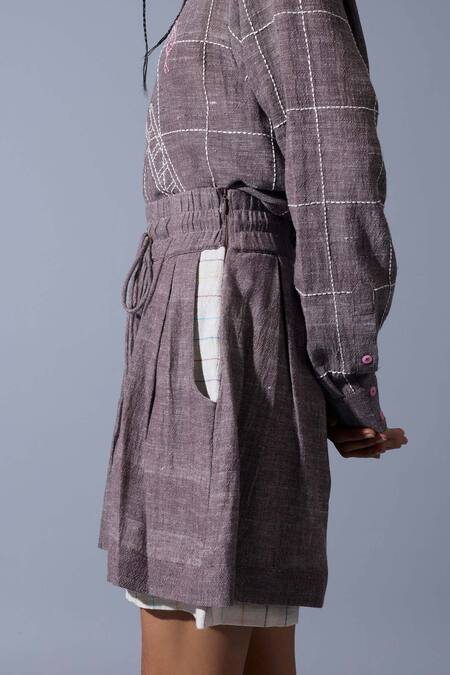 Shop_Quod_Brown Linen, Cotton Embroidery Layered Shorts _Online_at_Aza_Fashions