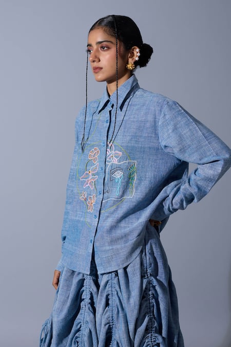 Shop_Quod_Blue Cotton, Linen Embroidery Collared Sad Boyfriend Hand Shirt _Online_at_Aza_Fashions