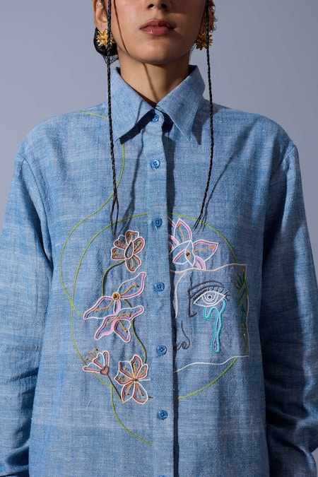 Quod_Blue Cotton, Linen Embroidery Collared Sad Boyfriend Hand Shirt _at_Aza_Fashions