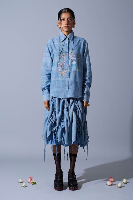 Quod_Blue Handloom Cotton, Linen Gathered Handwoven Skirt _Online_at_Aza_Fashions