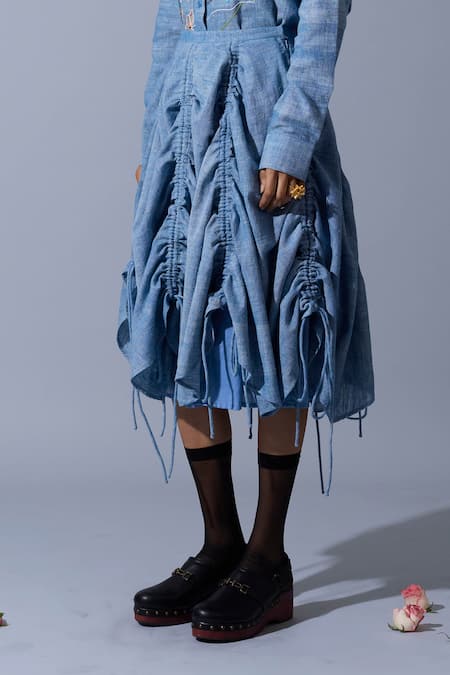 Buy_Quod_Blue Handloom Cotton, Linen Gathered Handwoven Skirt _Online_at_Aza_Fashions