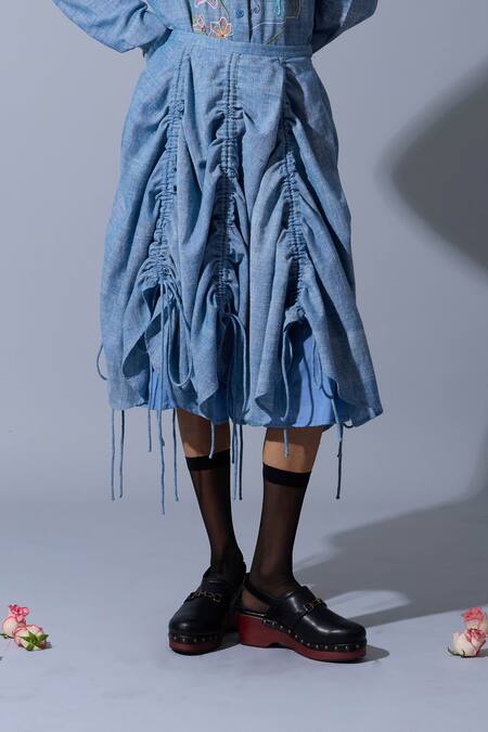 Shop_Quod_Blue Handloom Cotton, Linen Gathered Handwoven Skirt _Online_at_Aza_Fashions