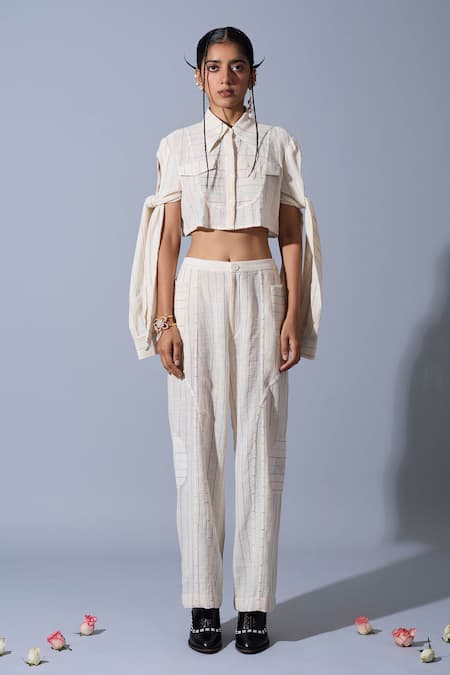 Quod_Off White Handloom Cotton, Linen Embroidery, Patchwork Office Handwoven Pant _Online_at_Aza_Fashions