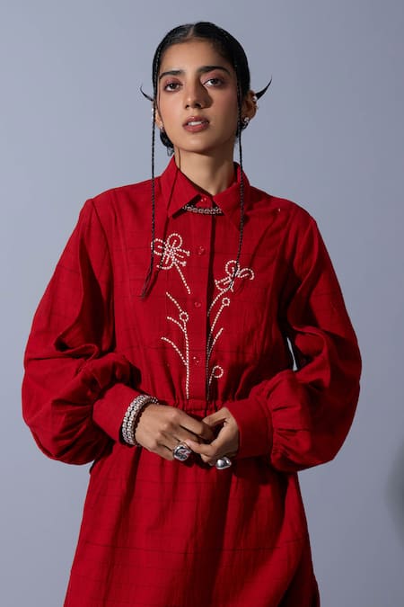 Buy_Quod_Red Linen, Cotton Embroidery Collared, Button-down Neck Classic Shirt Dress _Online_at_Aza_Fashions