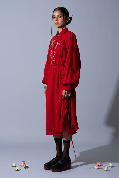 Shop_Quod_Red Linen, Cotton Embroidery Collared, Button-down Neck Classic Shirt Dress _Online_at_Aza_Fashions