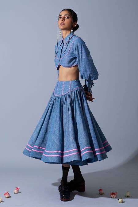 Quod_Blue Handloom Cotton, Linen Embroidery Hadwoven Skirt _Online_at_Aza_Fashions