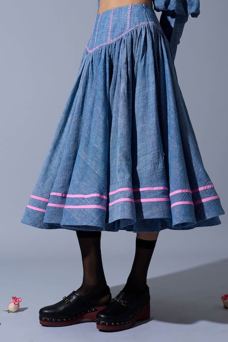 Buy_Quod_Blue Handloom Cotton, Linen Embroidery Hadwoven Skirt _Online_at_Aza_Fashions
