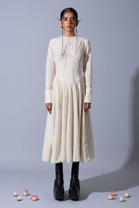 Quod_Off White Handloom Cotton, Linen Embroidery Round Neck Theatre Handwoven Dress _Online_at_Aza_Fashions