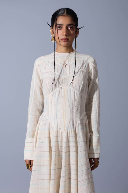 Buy_Quod_Off White Handloom Cotton, Linen Embroidery Round Neck Theatre Handwoven Dress _Online_at_Aza_Fashions