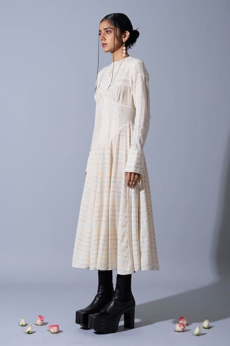 Shop_Quod_Off White Handloom Cotton, Linen Embroidery Round Neck Theatre Handwoven Dress _Online_at_Aza_Fashions