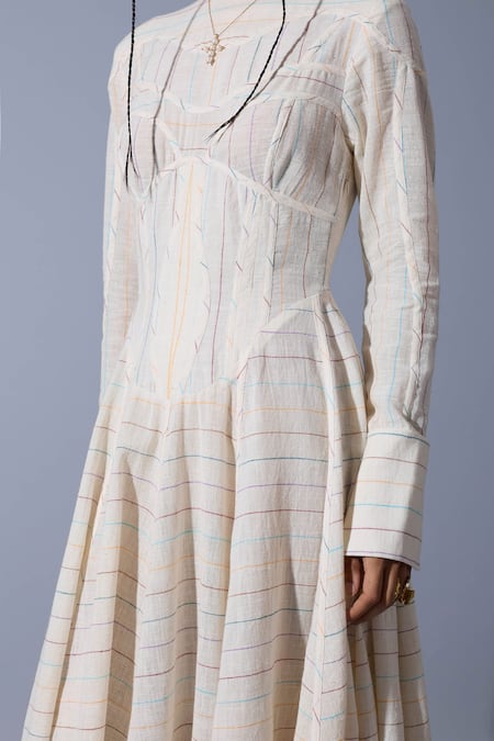 Quod_Off White Handloom Cotton, Linen Embroidery Round Neck Theatre Handwoven Dress _at_Aza_Fashions